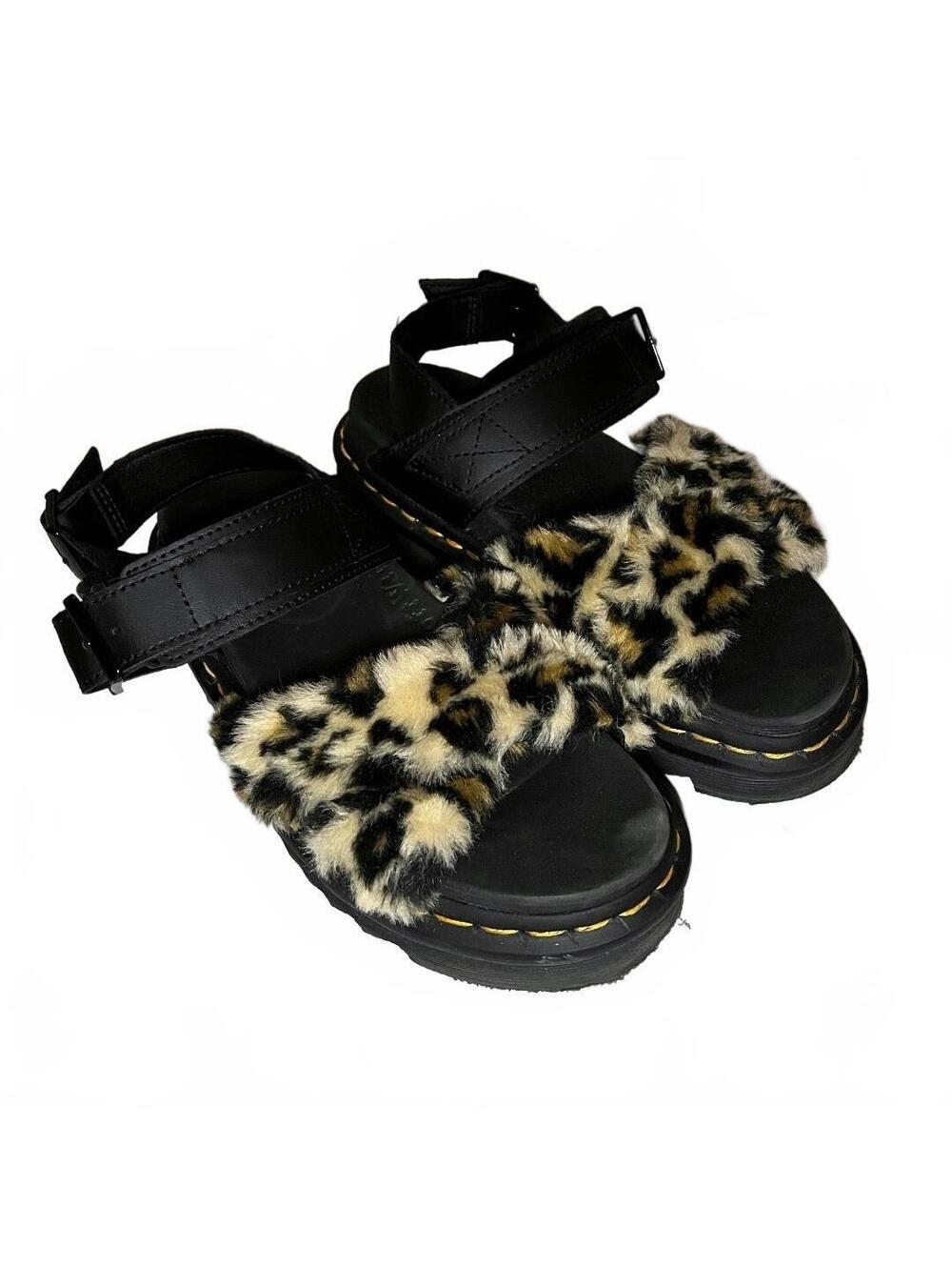 Dr. Martens Voss II Fluffy Leopard Print Faux Fur Strap Sandals Size 5 US